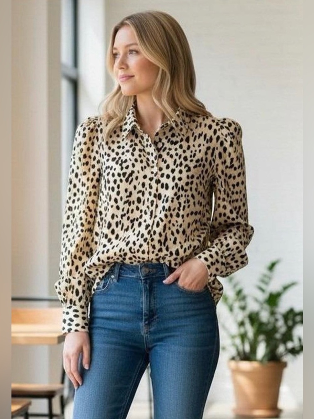 Vince Camuto Beige and Black Leopard Print Button-Down Blouse